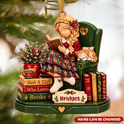 Just A Girl Who Loves Books Personalized Wooden Ornament - Christmas Tree Keepsake for Book Lovers