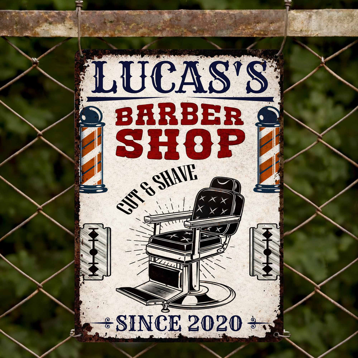 Custom Barber Shop Cut & Shave Metal Sign - Personalized Barber Chair Wall Decor for Men