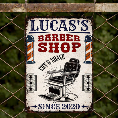 Custom Barber Shop Cut & Shave Metal Sign - Personalized Barber Chair Wall Decor for Men