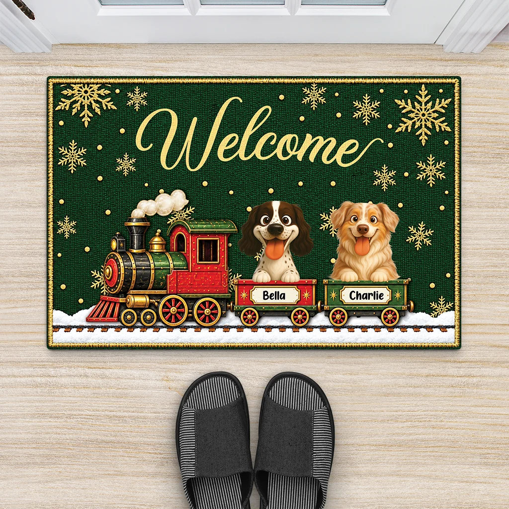 Welcome Christmas Train Personalized Pet Doormat - Custom Holiday Entryway Rug for Dog Lovers
