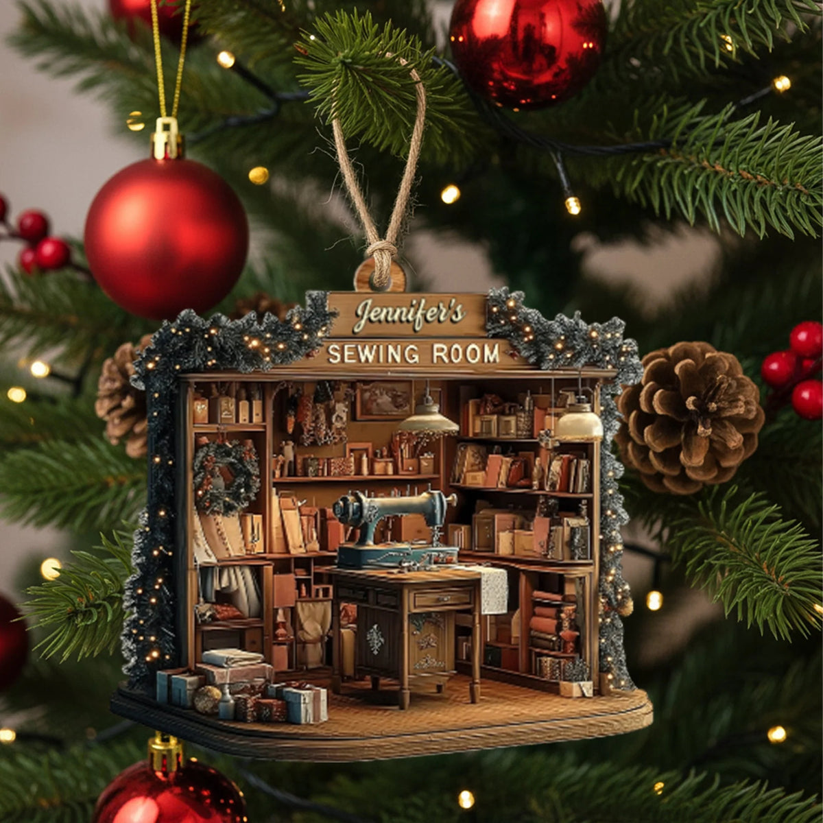 Sewing Room Personalized Wood Ornament - Custom Seamstress Gift for Crafters