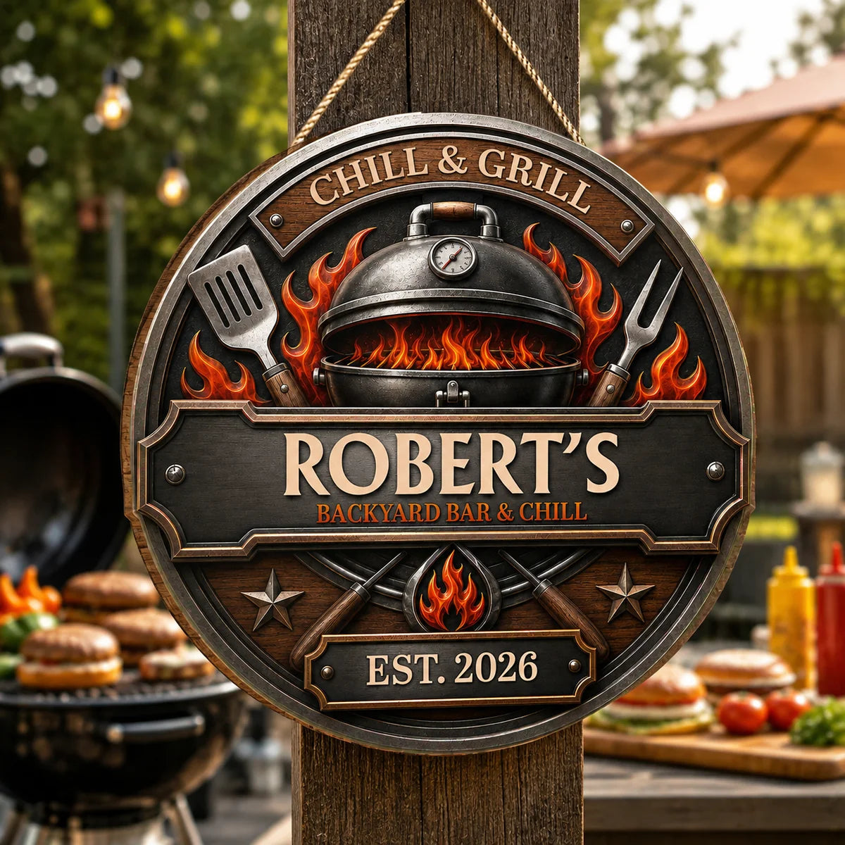 Chill & Grill Personalized Backyard BBQ Wood Sign - Custom Patio Decor for Dad & Husband
