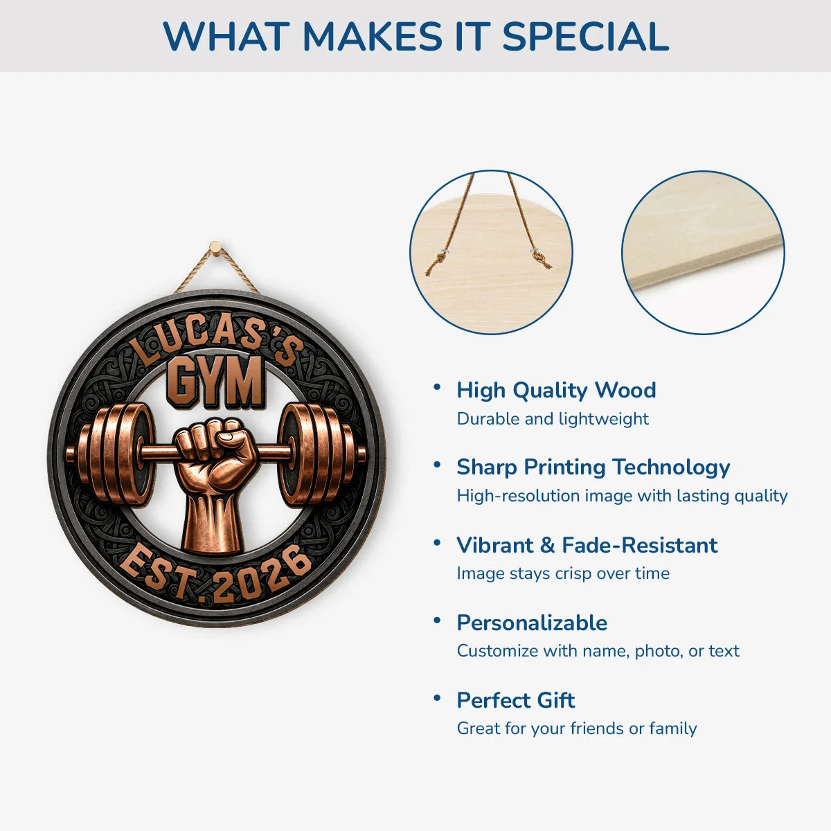 Custom Gym Name Wood Sign with Barbell Graphic - Personalized Fitness Gift
