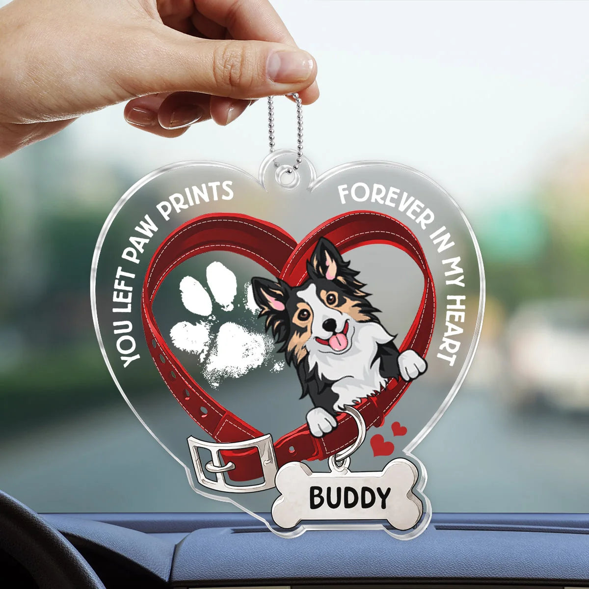 "You Left Paw Prints Forever In My Heart" Personalized Acrylic Car Ornament - Pet Memorial Keepsake for Dog Lovers