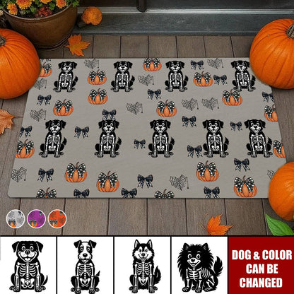 Custom Halloween Dog Doormat - Spooky Skeleton Pup & Coquette Bow Welcome Mat for Dog Lovers