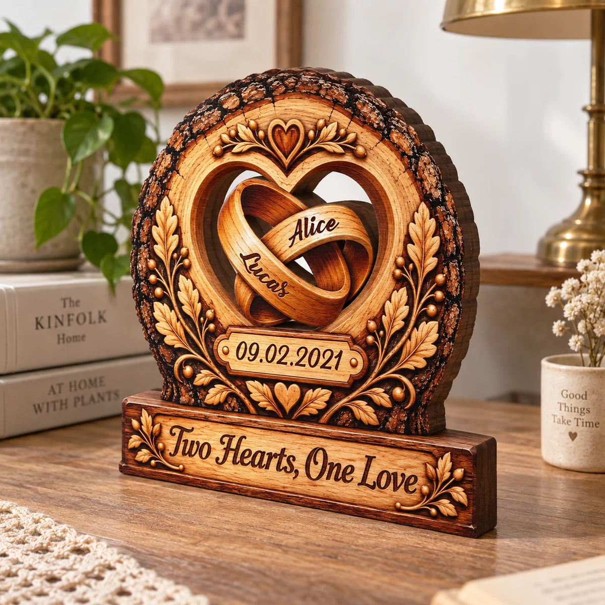 Two Hearts One Love Rings Personalized Wooden Block - Anniversary Gift for Couples