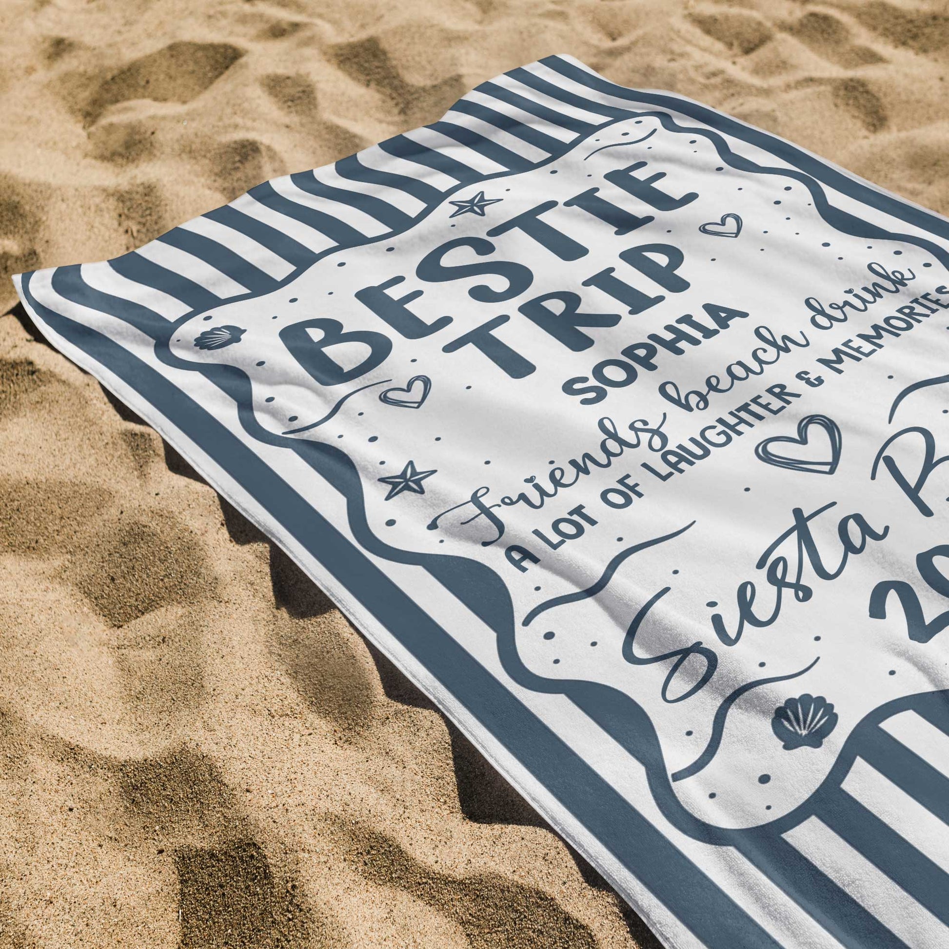 Custom Bestie Trip Beach Towel for Best Friends with personalized design details for meaningful gifting image 7