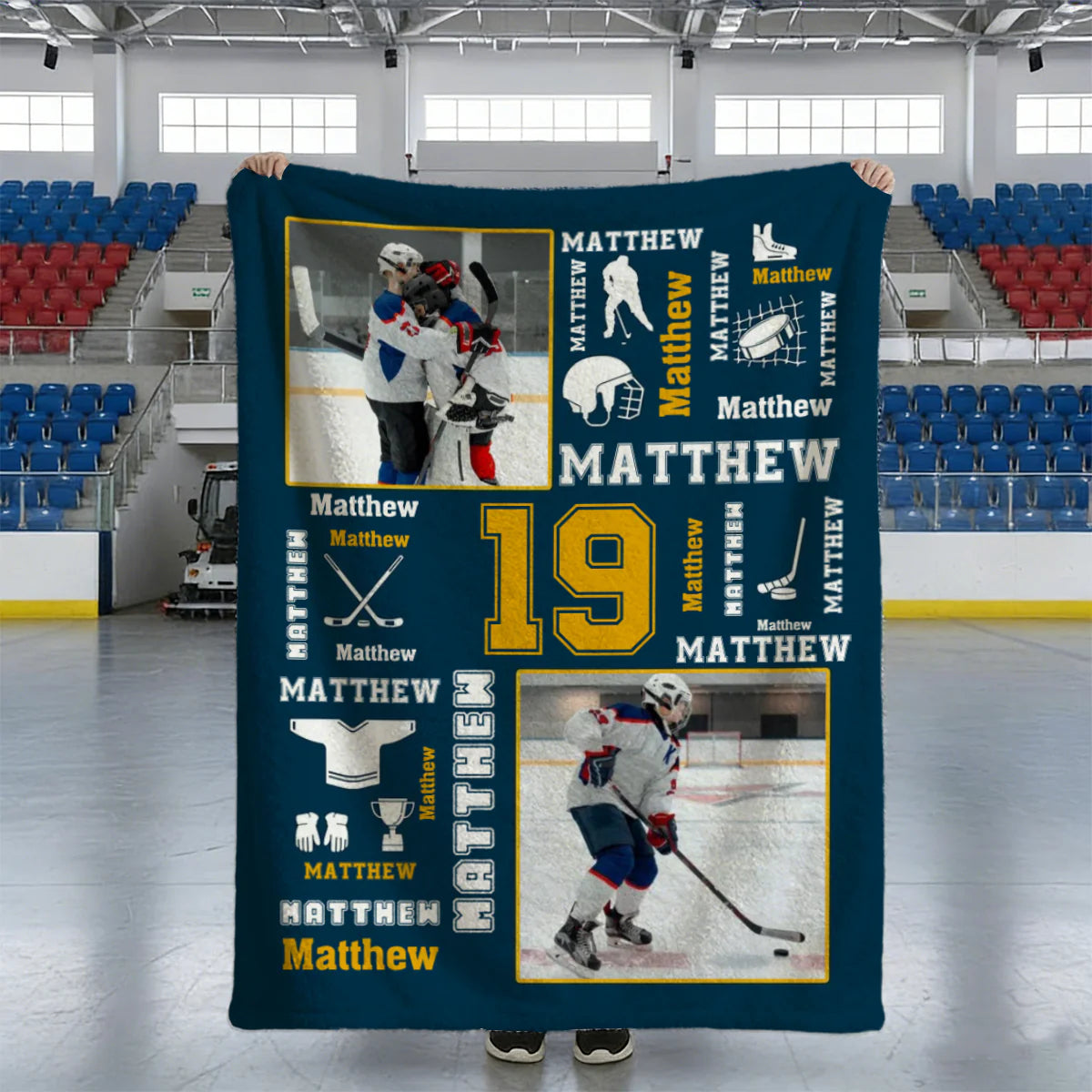 Personalized hockey photo blanket with custom player name and jersey number for hockey lovers gift