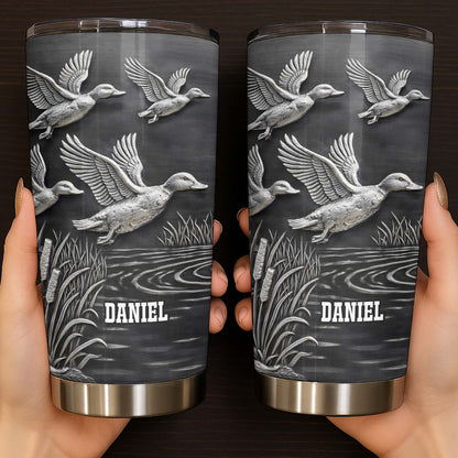 Geese In Flight Over Tranquil Landscape Tumbler