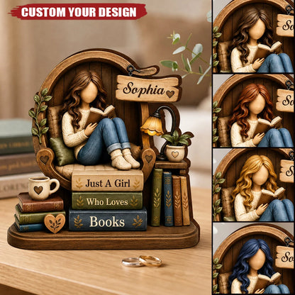 Just A Girl Who Loves Books Personalized Wooden Block - Custom Reading Gift for Book Lovers