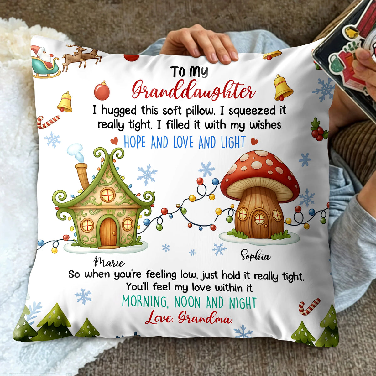 I Hugged This Soft Pillow With Christmas Lights and Gifts