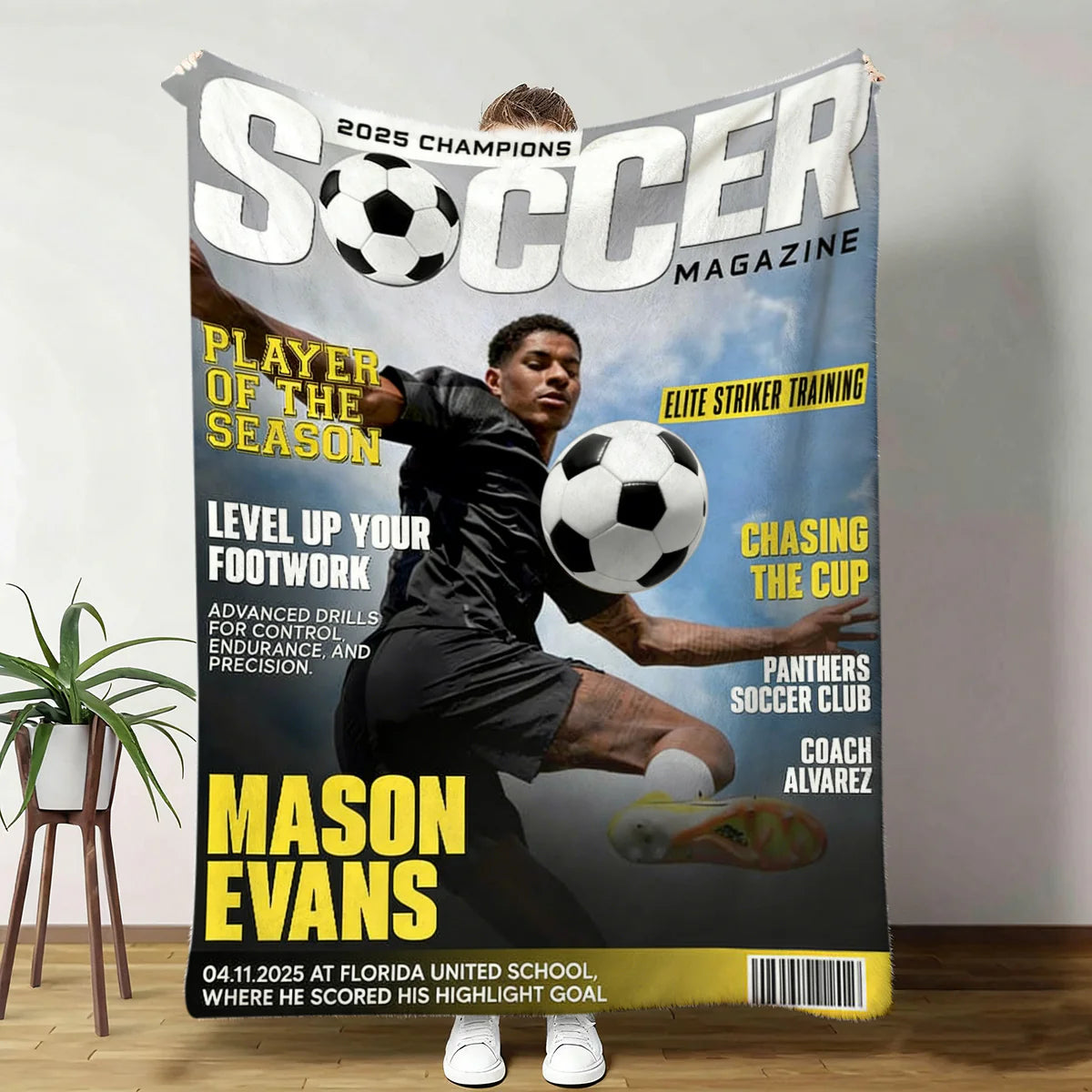 Blanket material and size view - Personalized Soccer Magazine Blanket