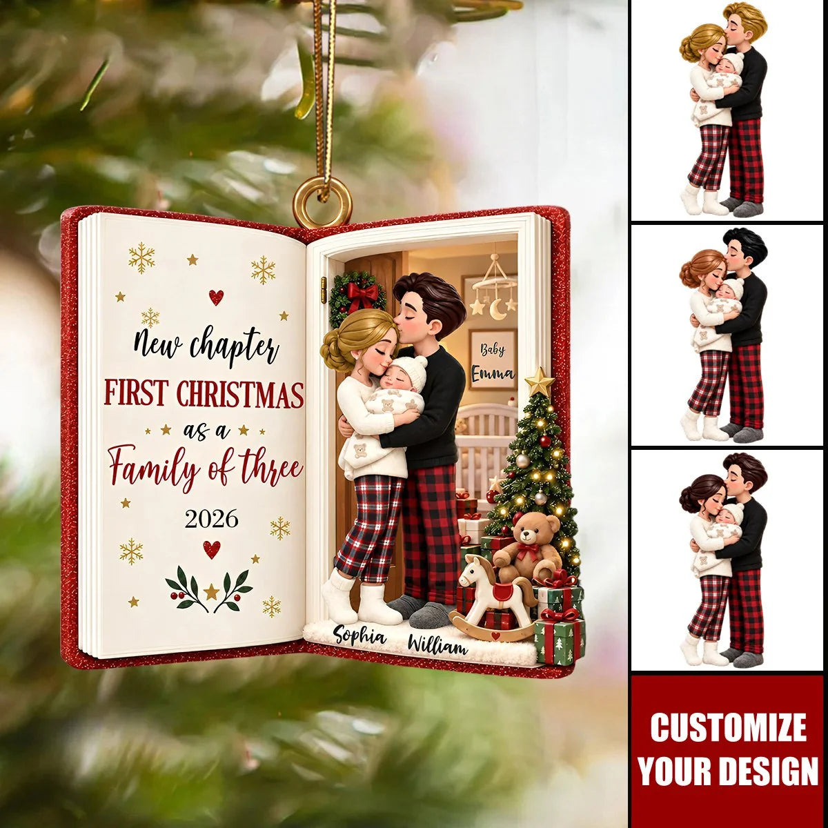 New Chapter First Christmas As A Family Of Three - Personalized Wooden Ornament For New Parents Keepsake Gift