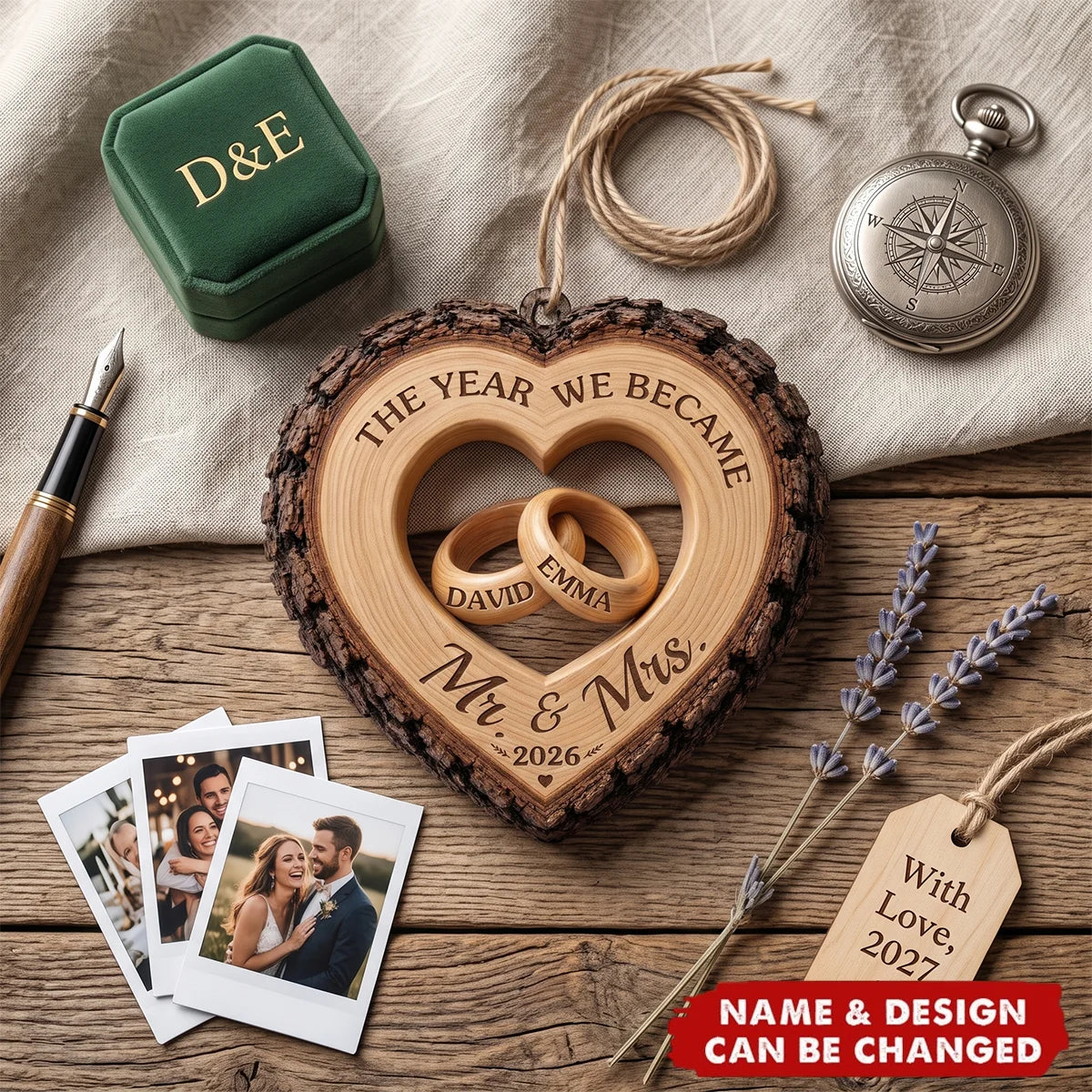 "The Year We Became Mr & Mrs" Personalized Wooden Ornament - Custom Wedding Anniversary Gift for Couples