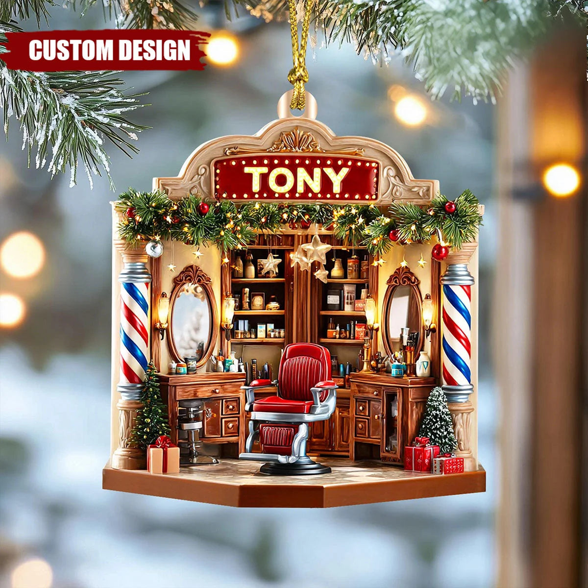 Personalized Barber Shop Christmas Ornament - Custom Name Wooden Gift for Barbers