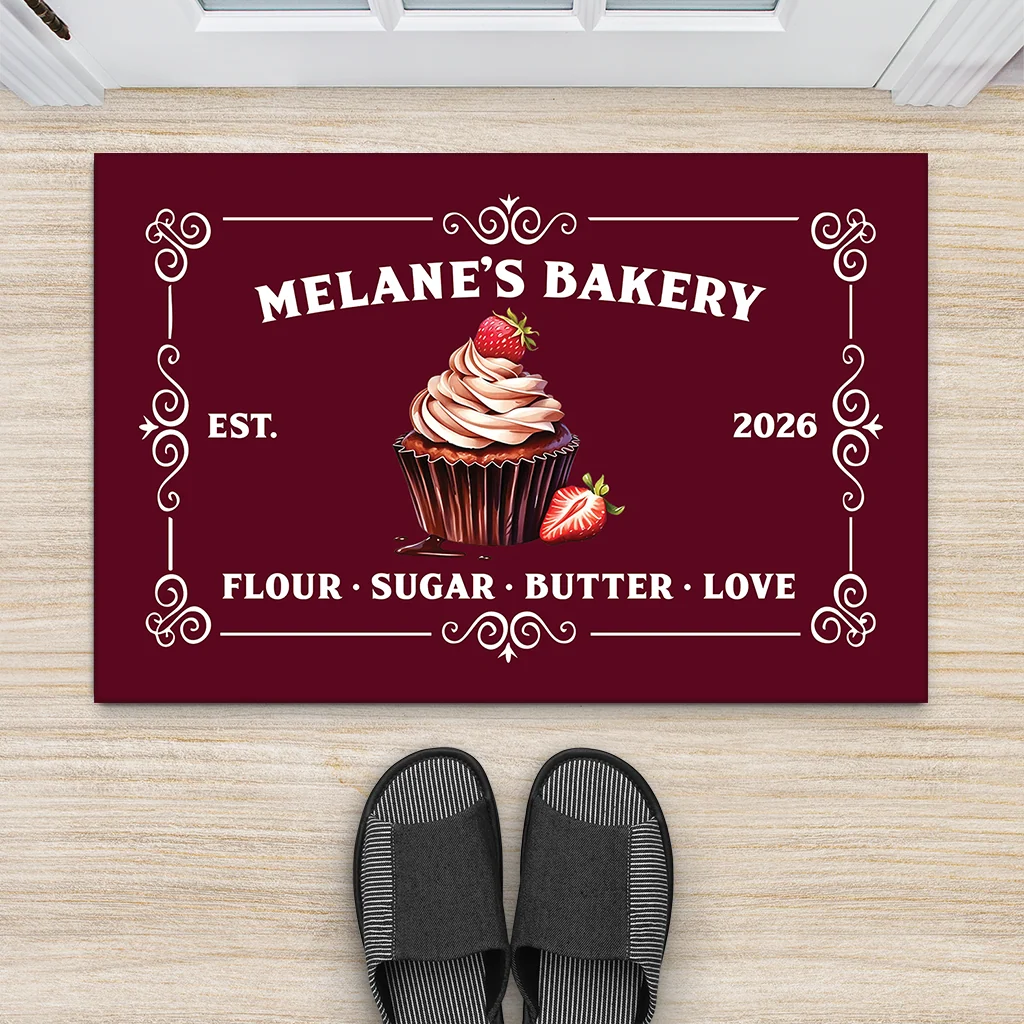 Personalized Bakery Doormat - Custom Flour Sugar Butter Love Welcome Mat for Home Bakers and Kitchen Decor