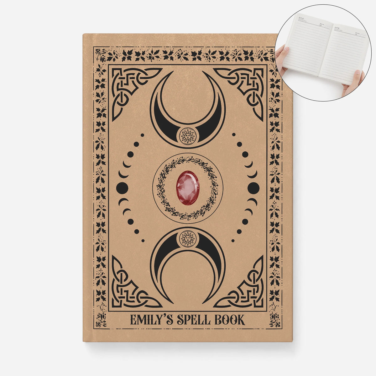 Custom Spell Book Moon Phase Leather Journal - Personalized Witchy Grimoire Notebook