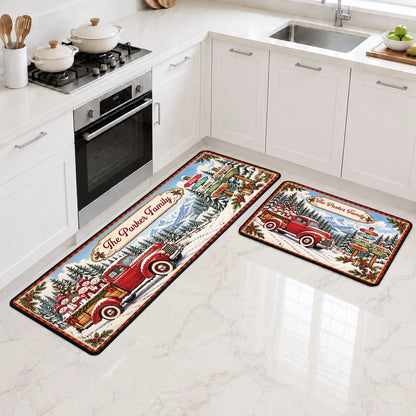 Red Christmas Truck Personalized Runner Rug - Custom Family Name Holiday Kitchen Mat