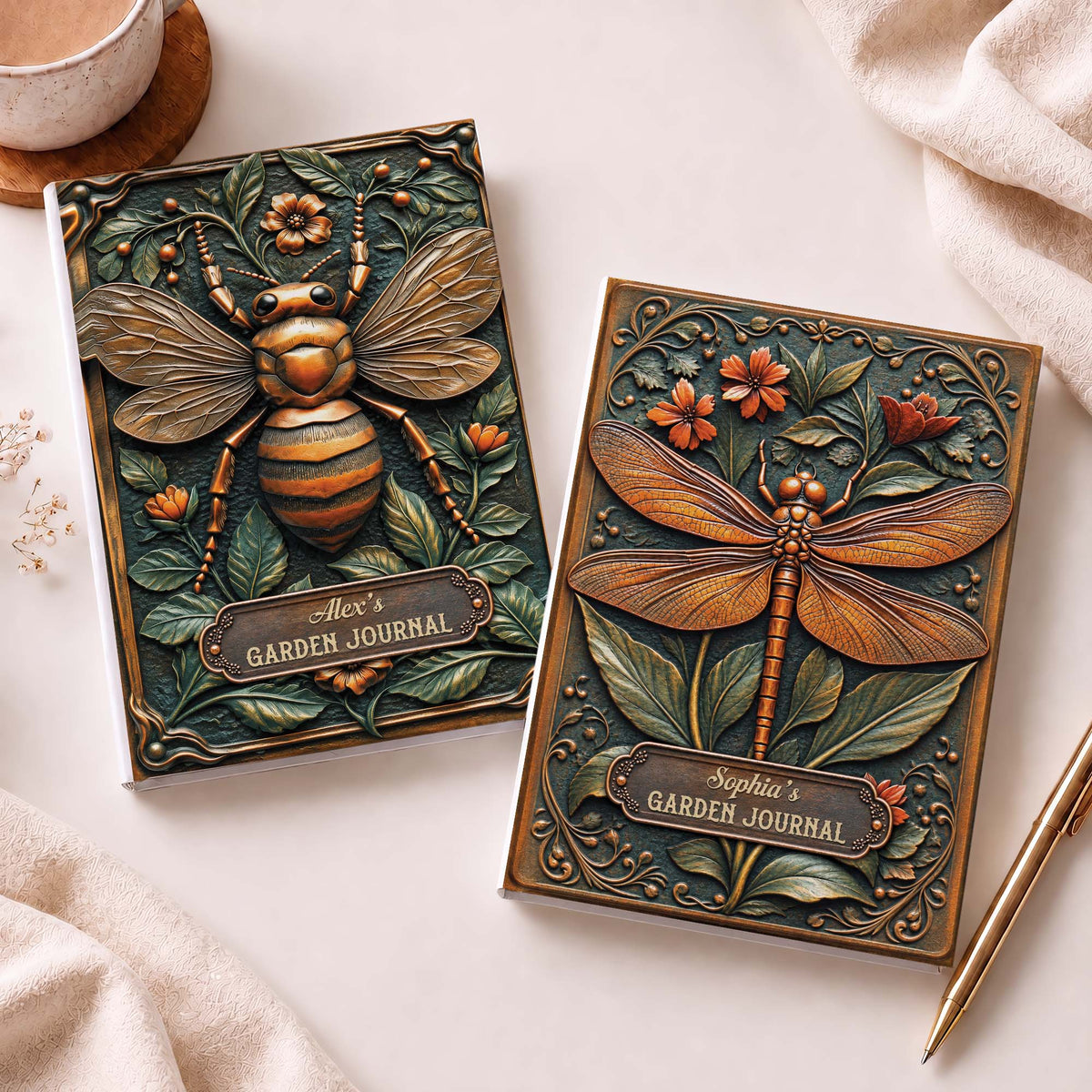 Vintage Dragonfly Personalized Garden Journal - Custom Name Hardcover Notebook
