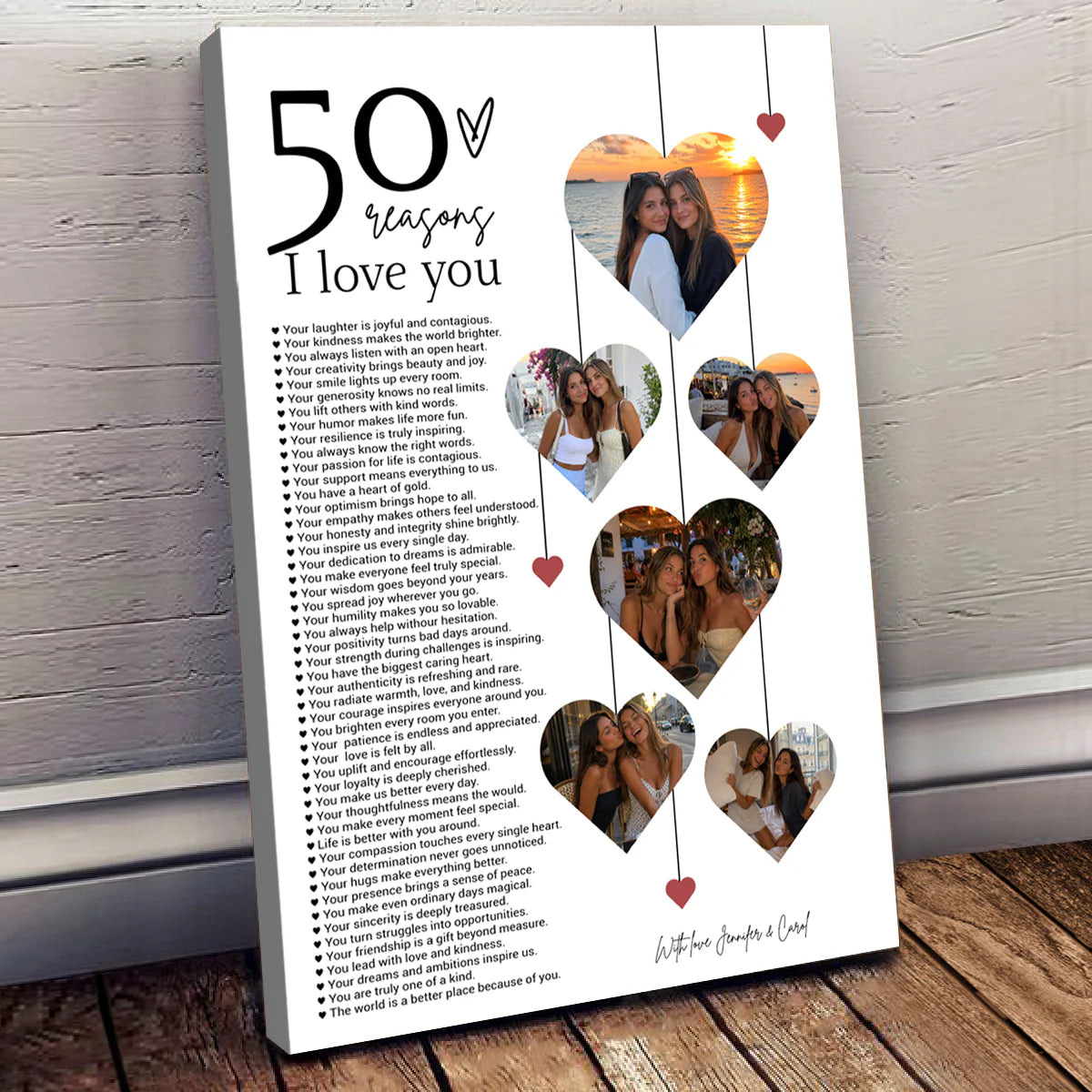 Custom 50 Reasons I Love You Canvas for Couples with personalized design details for meaningful gifting