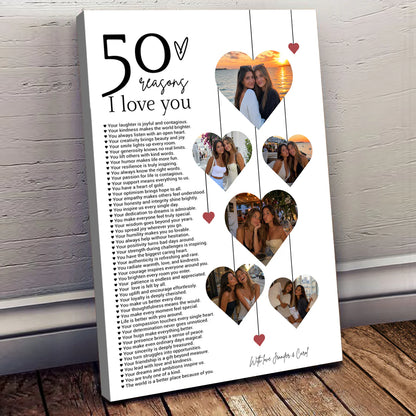 Custom 50 Reasons I Love You Canvas for Couples with personalized design details for meaningful gifting