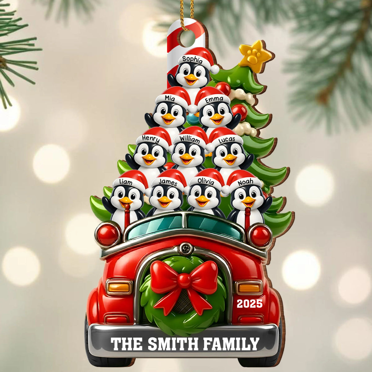 Festive Penguin Car Personalized Christmas Wood Ornament - Family Holiday Keepsake Gift