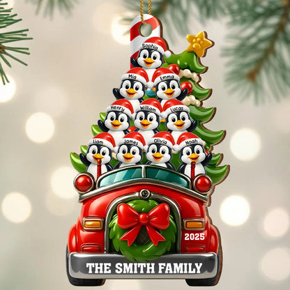 Festive Penguin Car Personalized Christmas Wood Ornament - Family Holiday Keepsake Gift