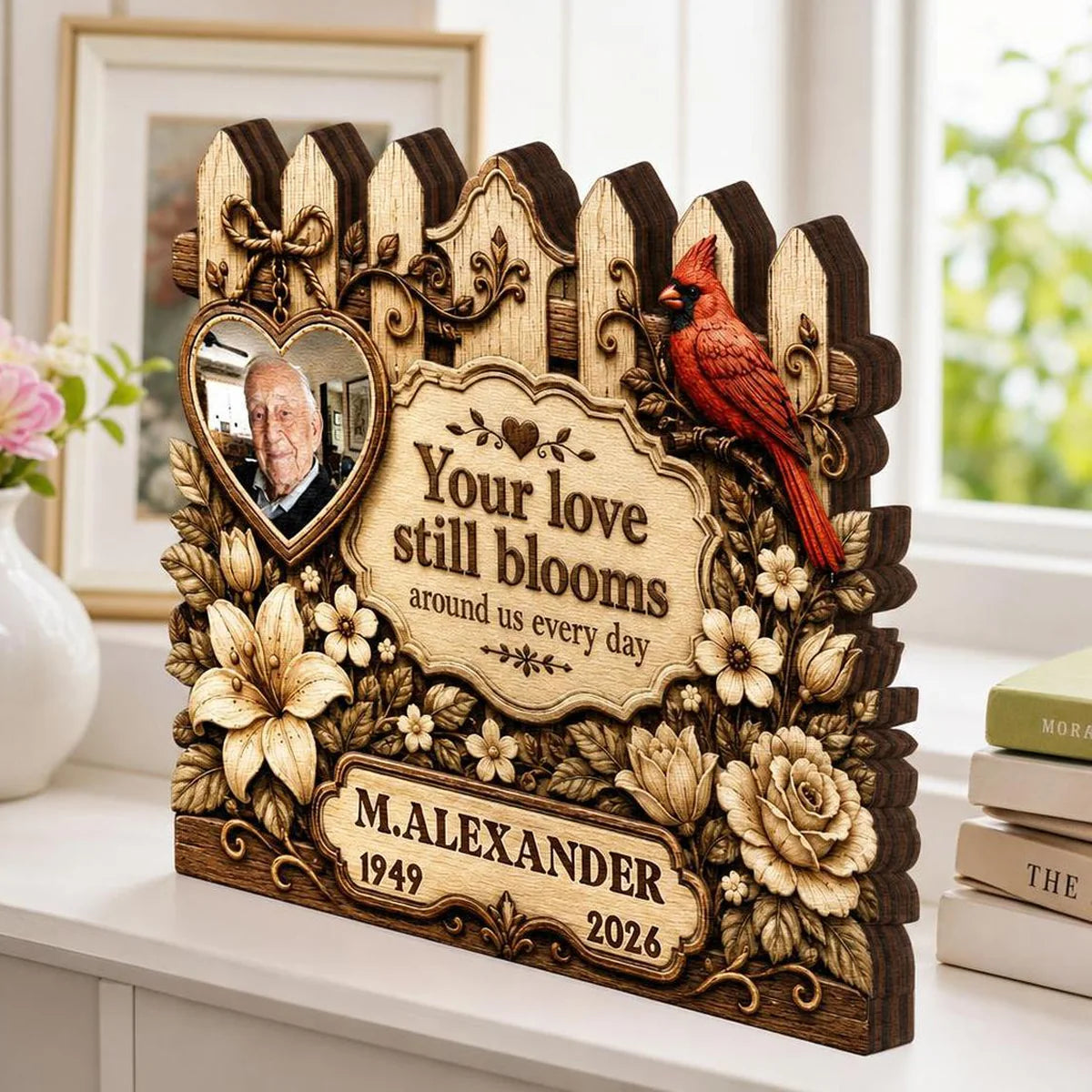 Your Love Still Blooms Personalized Memorial Wooden Block - Custom Photo Bereavement Gift for Family
