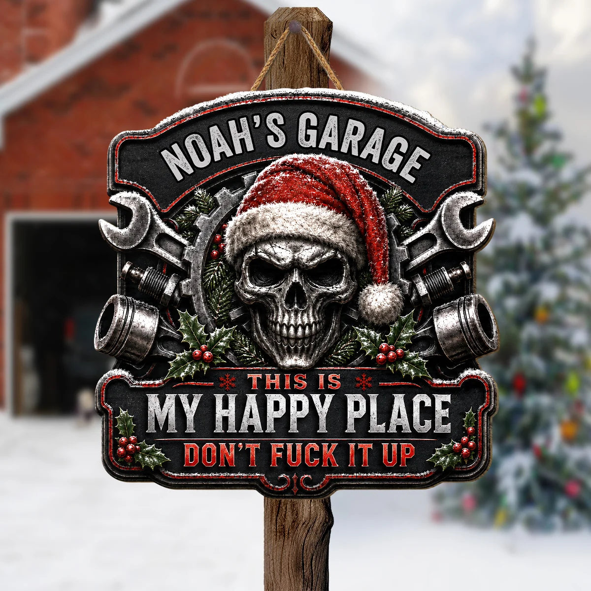 This Is My Happy Place Personalized Garage Wood Sign - Custom Skull Mechanic Christmas Gift for Him