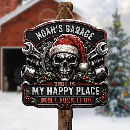 This Is My Happy Place Personalized Garage Wood Sign - Custom Skull Mechanic Christmas Gift for Him