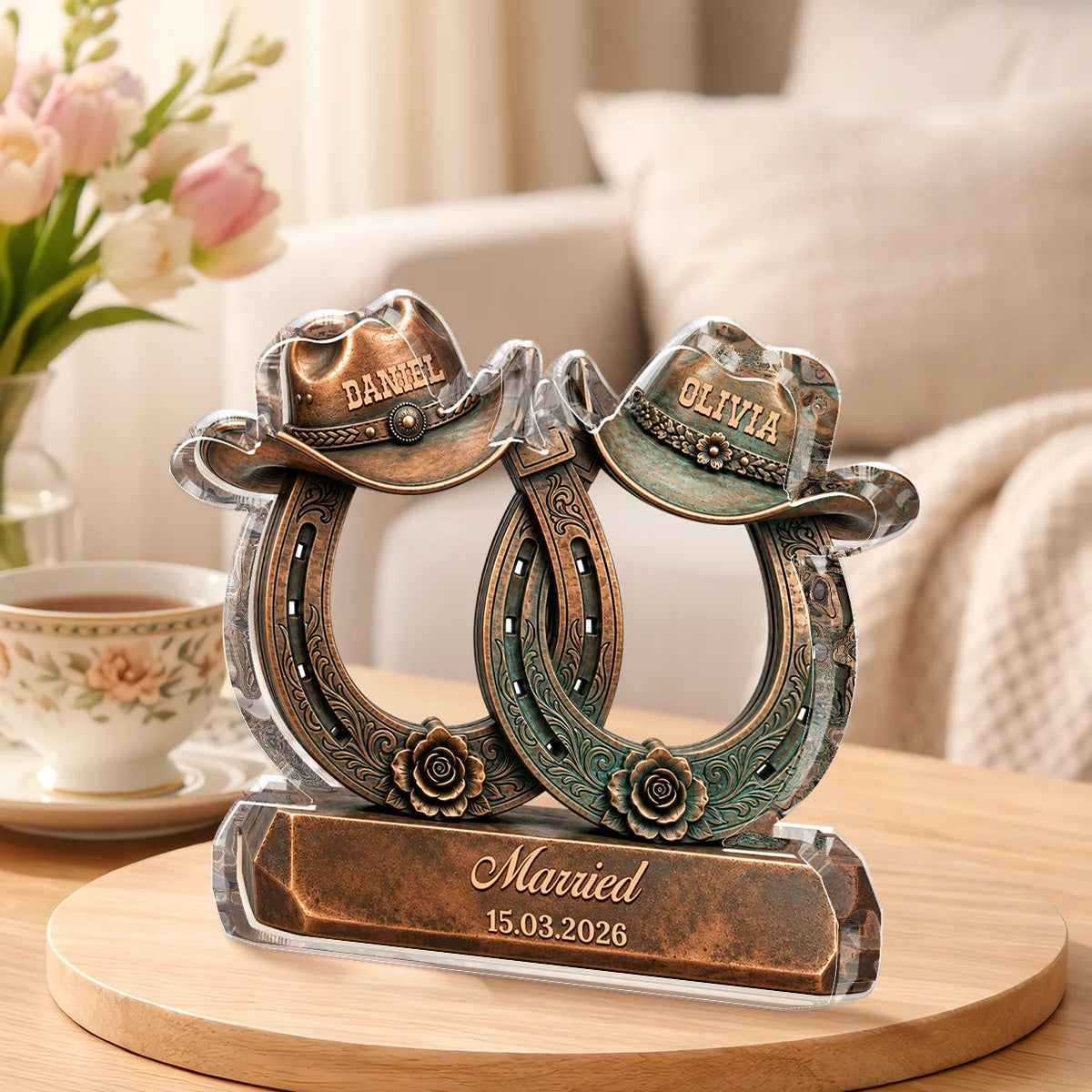 Rustic Horseshoe Cowboy Hat Personalized Plaque - Custom Wedding Anniversary Gift for Couples