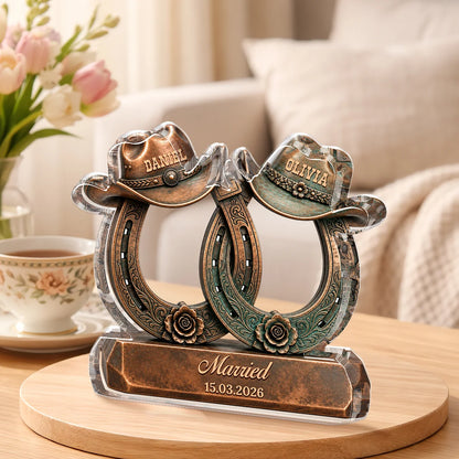 Rustic Horseshoe Cowboy Hat Personalized Plaque - Custom Wedding Anniversary Gift for Couples