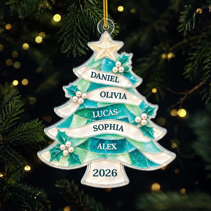 Stained Glass Tree Ornament Personalized Family Christmas Keepsake - Custom Names Holiday Gift for Family