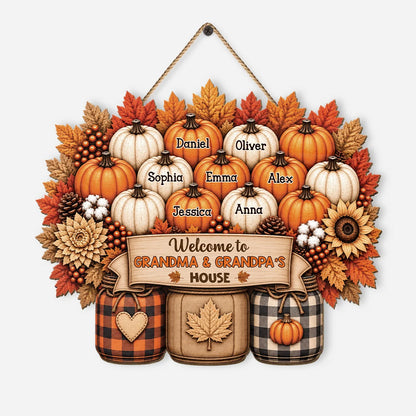 Welcome to Grandma & Grandpa's House - Personalized Fall Pumpkin Wood Sign for Grandparents