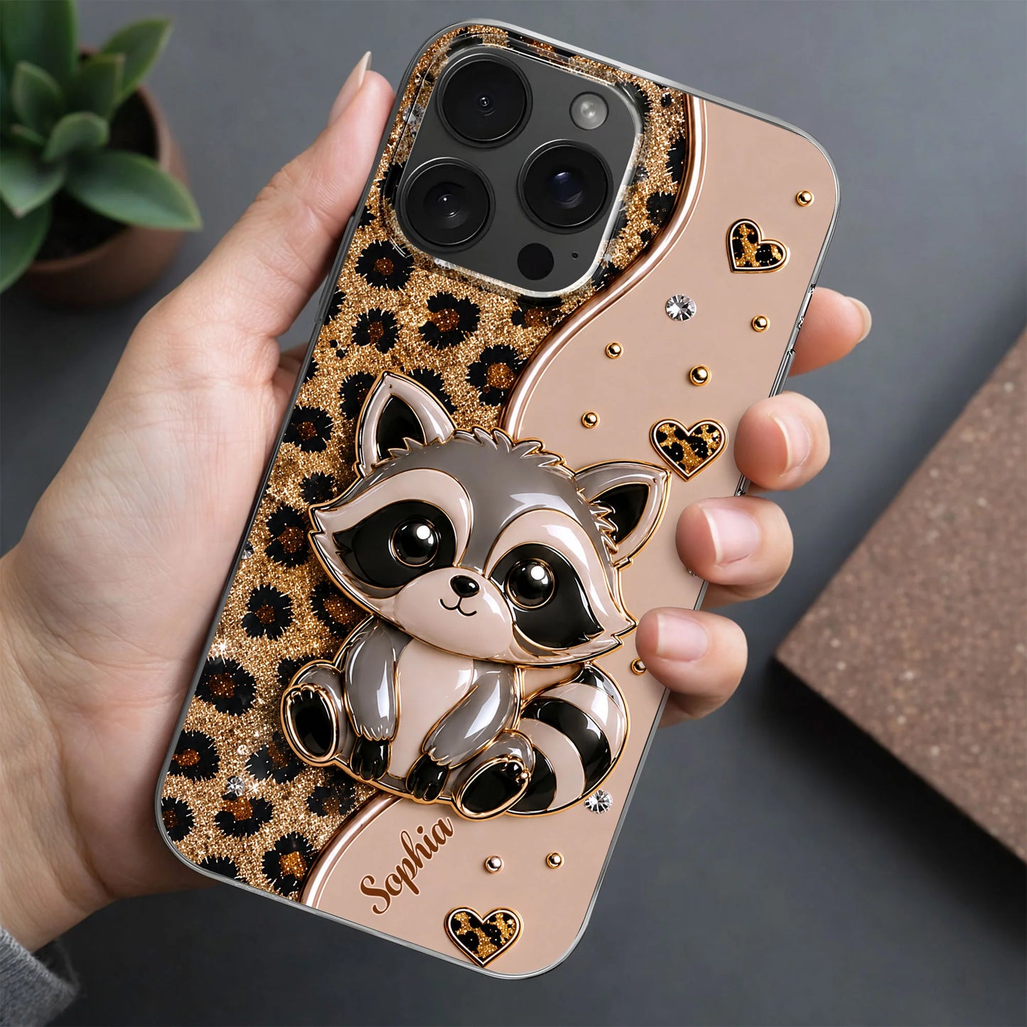 Personalized clear phone case featuring cute raccoon and 3D glitter leopard print custom gift for women image 8