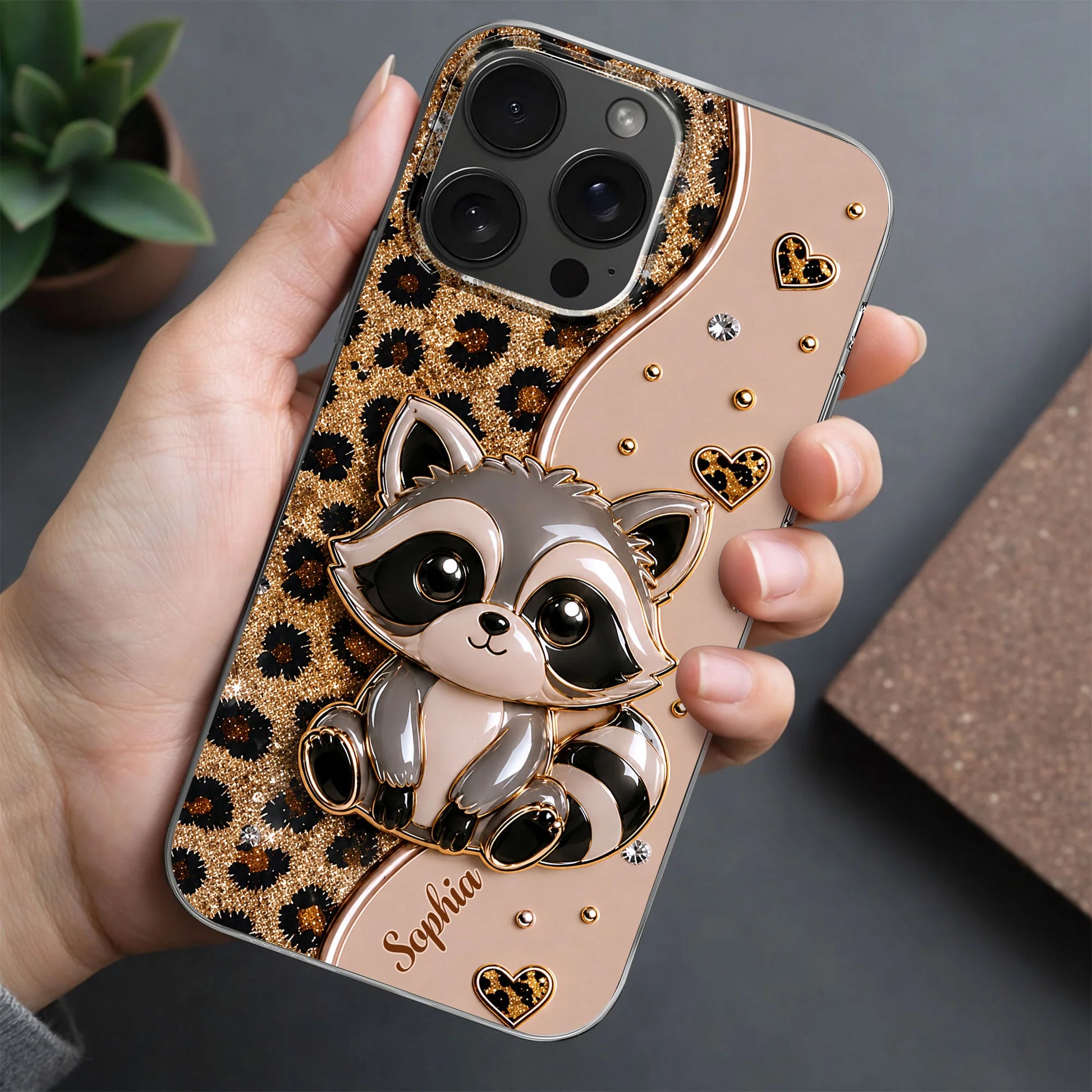 Personalized clear phone case featuring cute raccoon and 3D glitter leopard print custom gift for women image 8