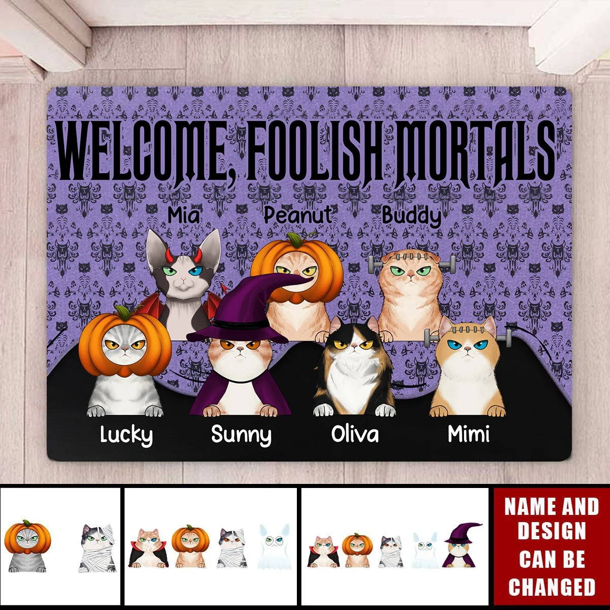 Welcome Foolish Mortals Personalized Halloween Cat Doormat - Custom Front Porch Decor for Cat Lovers