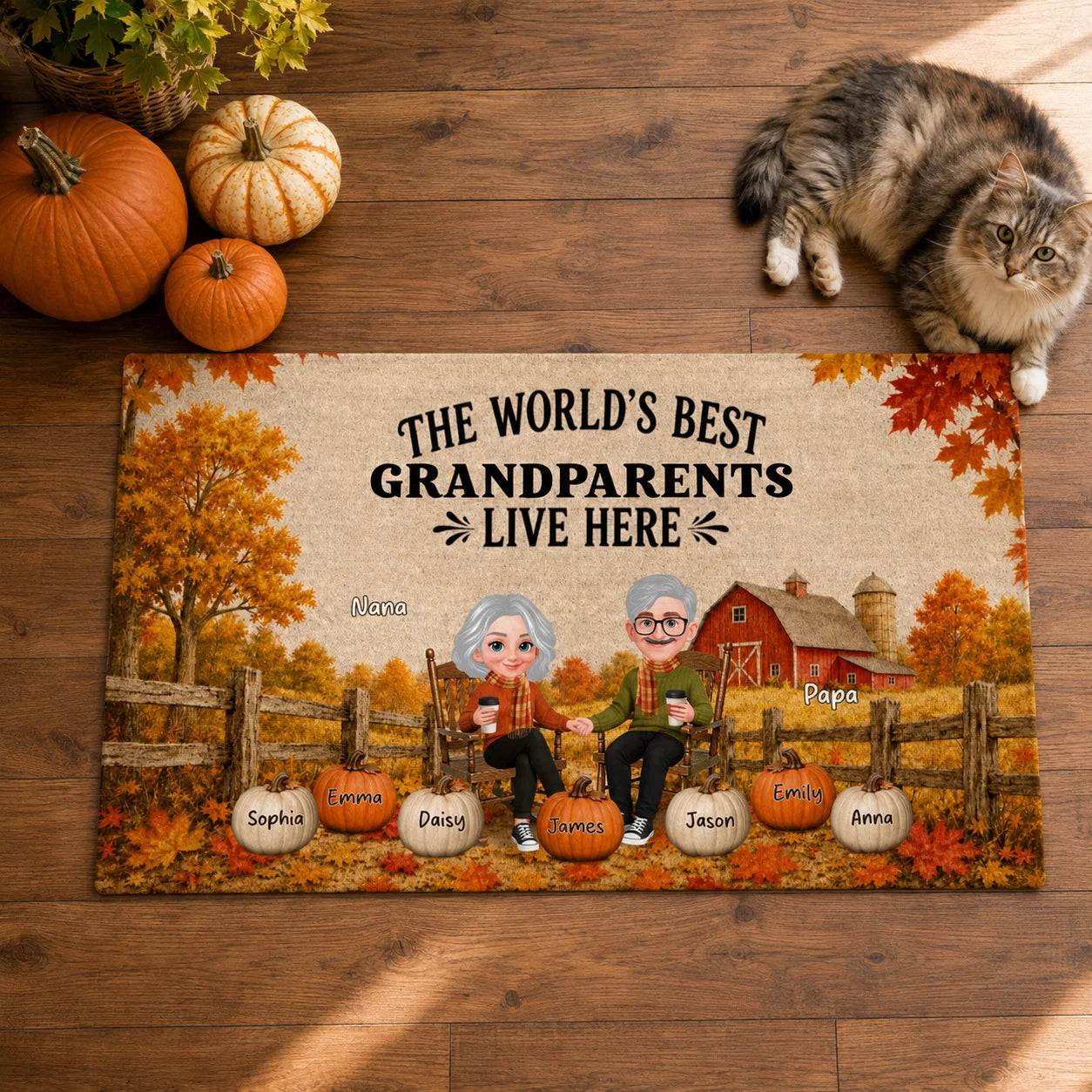 "The World's Best Grandparents Live Here" - Personalized Doormat for Grandma & Grandpa Fall Decor