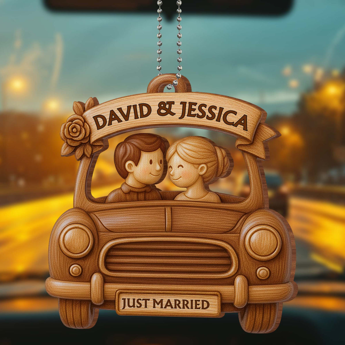 Just Married, Couple In Car With Rose