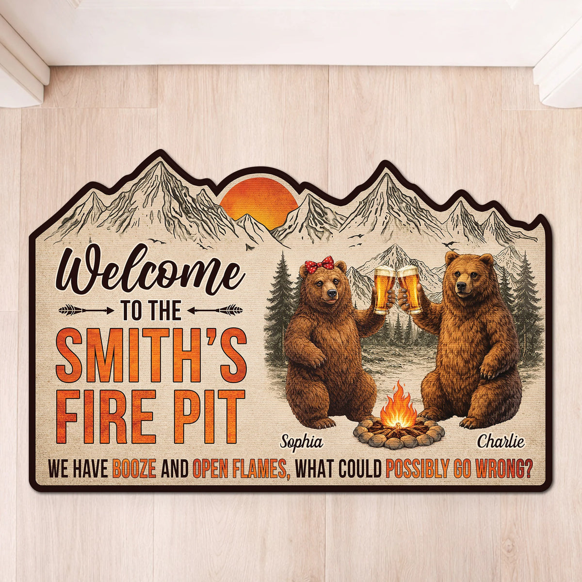 Welcome To The Fire Pit Personalized Doormat - Custom Shaped Camping Gift Mat for Couples