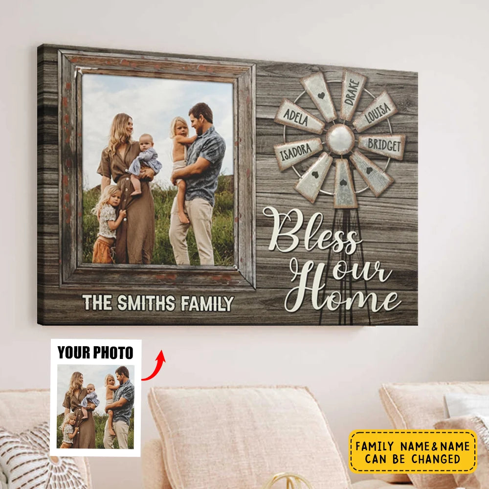 Bless Our Home Personalized Canvas / Poster - Custom Family Photo Rustic Wall Art
