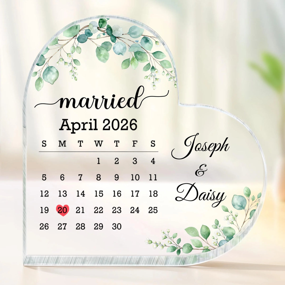 "Married" Custom Calendar Heart Acrylic Plaque for Couples - Personalized Wedding Gift