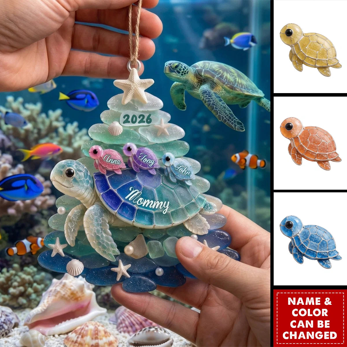 Personalized Turtle Grandma Acrylic Ornament - Custom Sea Turtle Family Christmas Keepsake