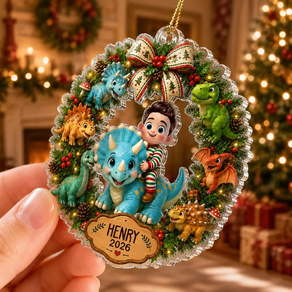 Cute Dinosaur Wreath Personalized Acrylic Ornament - Custom Christmas Keepsake Gift for Kids