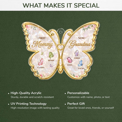 "First Mommy Now Grandma" Personalized Butterfly Acrylic Ornament - Custom Grandma Christmas Keepsake Gift
