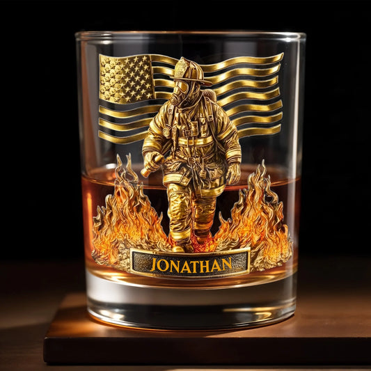 Personalized firefighter whiskey glass with custom name Jonathan and golden American flag design