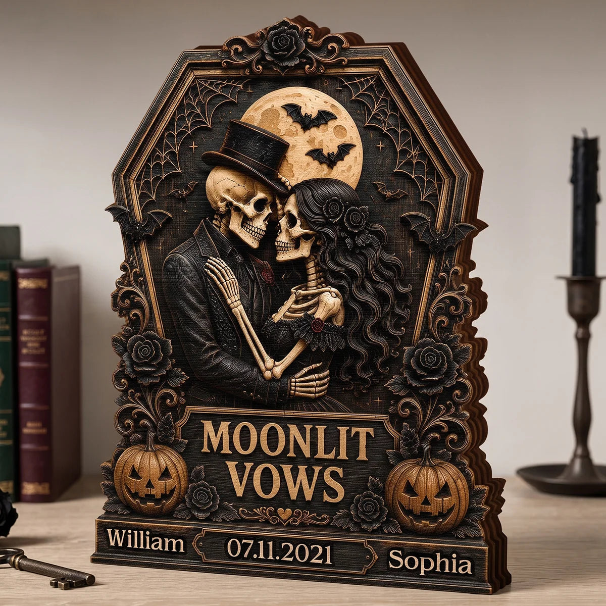 Moonlit Vows Skeleton Couple Personalized Wooden Block - Custom Halloween Wedding Anniversary Gift