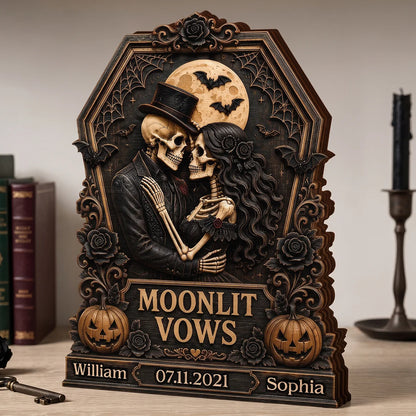 Moonlit Vows Skeleton Couple Personalized Wooden Block - Custom Halloween Wedding Anniversary Gift