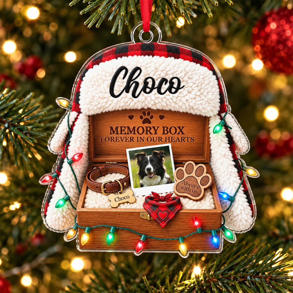 "Memory Box Forever in Our Hearts" Custom Photo Dog Pet Remembrance Acrylic Ornament - Christmas Gift for Pet Lovers