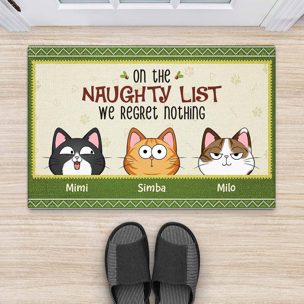 On The Naughty List We Regret Nothing - Personalized Cat Doormat for Christmas Decor